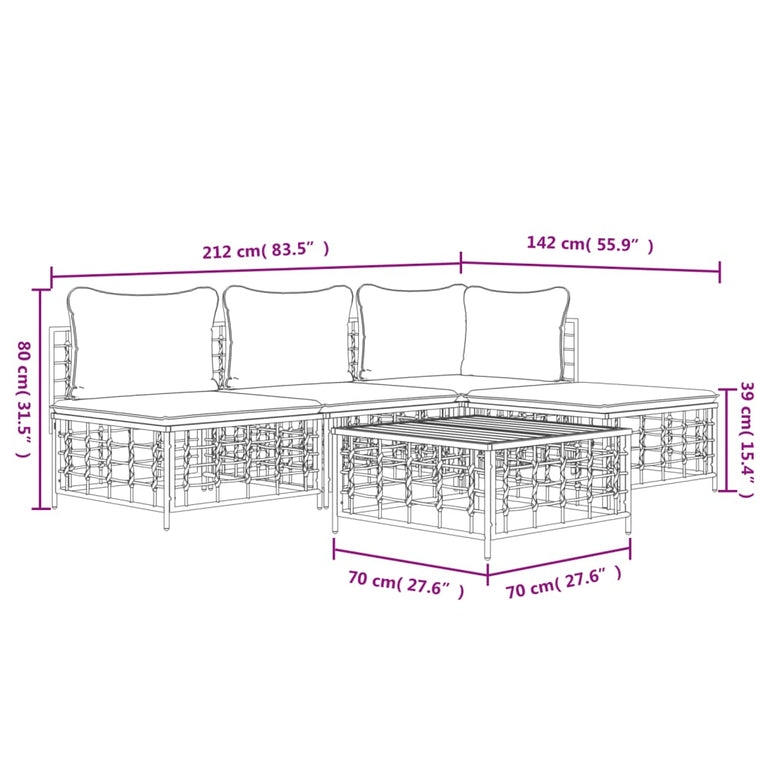 5-delige Loungeset met kussens poly rattan antracietkleurig MeubelReus