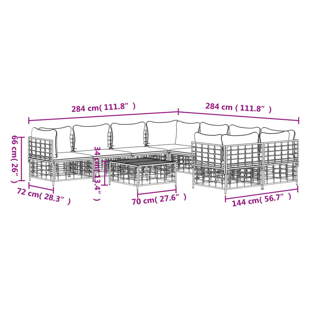 9-delige Loungeset met kussens poly rattan antracietkleurig MeubelReus