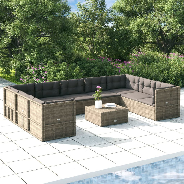 9-delige Loungeset met kussens poly rattan grijs MeubelReus