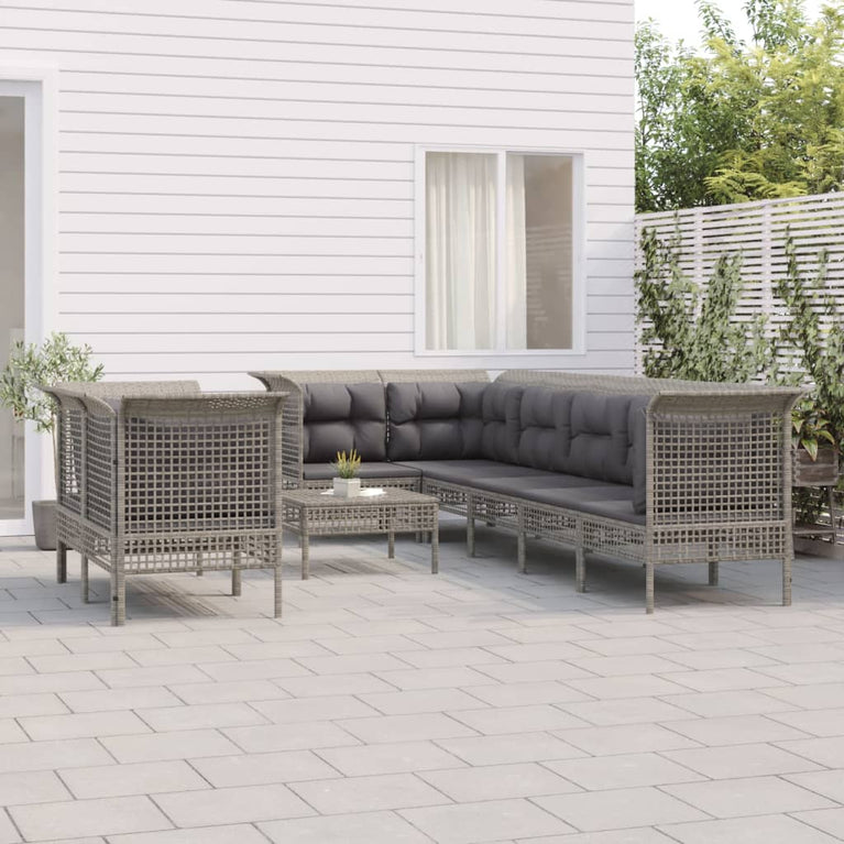 9-delige Loungeset met kussens poly rattan grijs MeubelReus