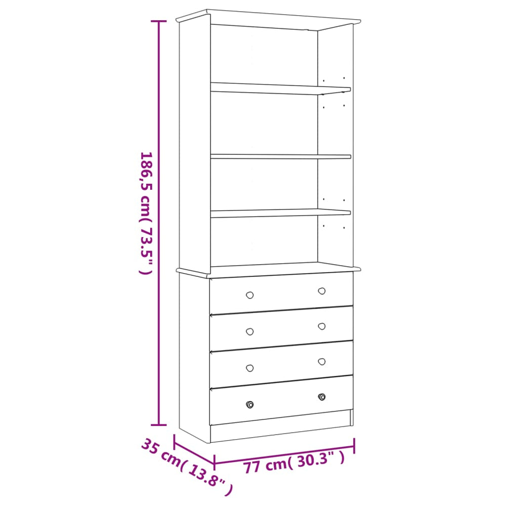 Boekenkast met lades ALTA 77x35x186,5 cm massief grenenhout wit MeubelReus