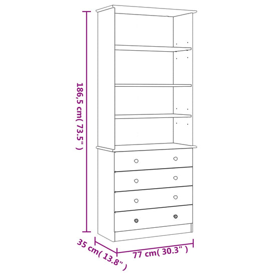 Boekenkast met lades ALTA 77x35x186,5 cm massief grenenhout wit MeubelReus