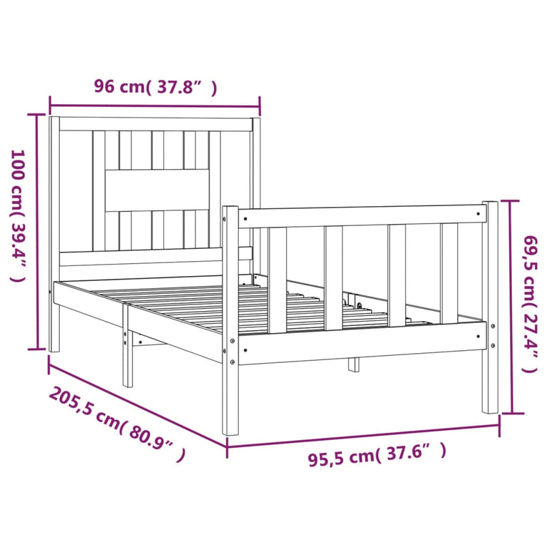 Bedframe met hoofdbord massief hout wit 90x200 cm