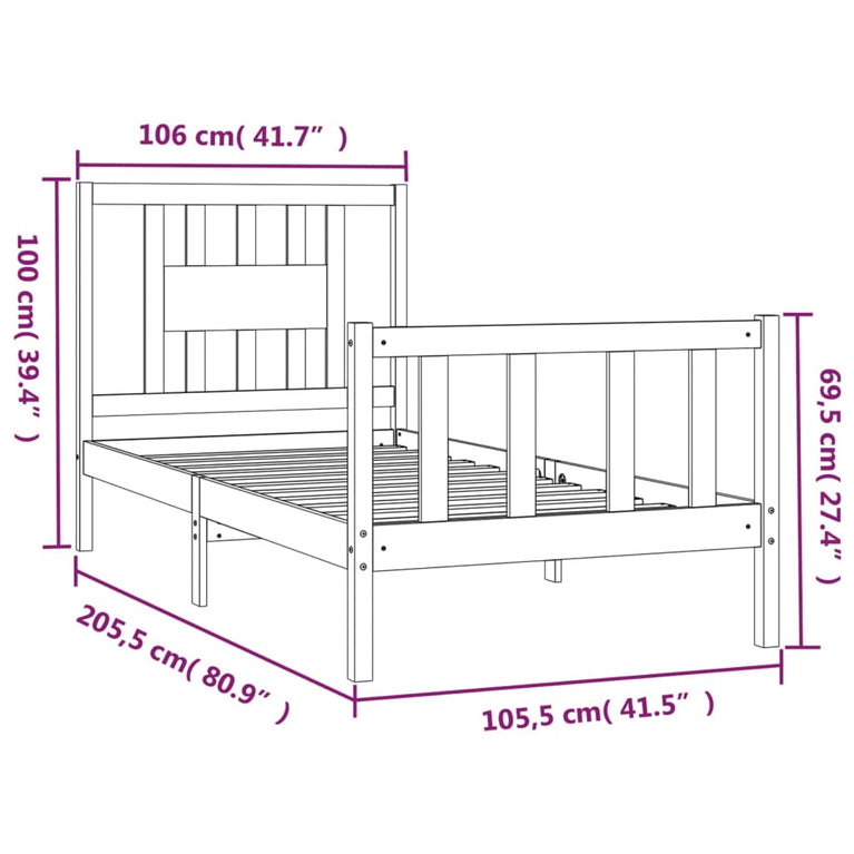 Bedframe met hoofdbord massief grenenhout zwart 100x200 cm