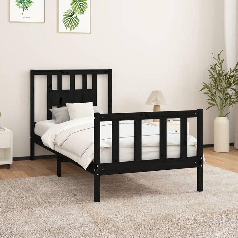 Bedframe met hoofdbord massief grenenhout zwart 100x200 cm