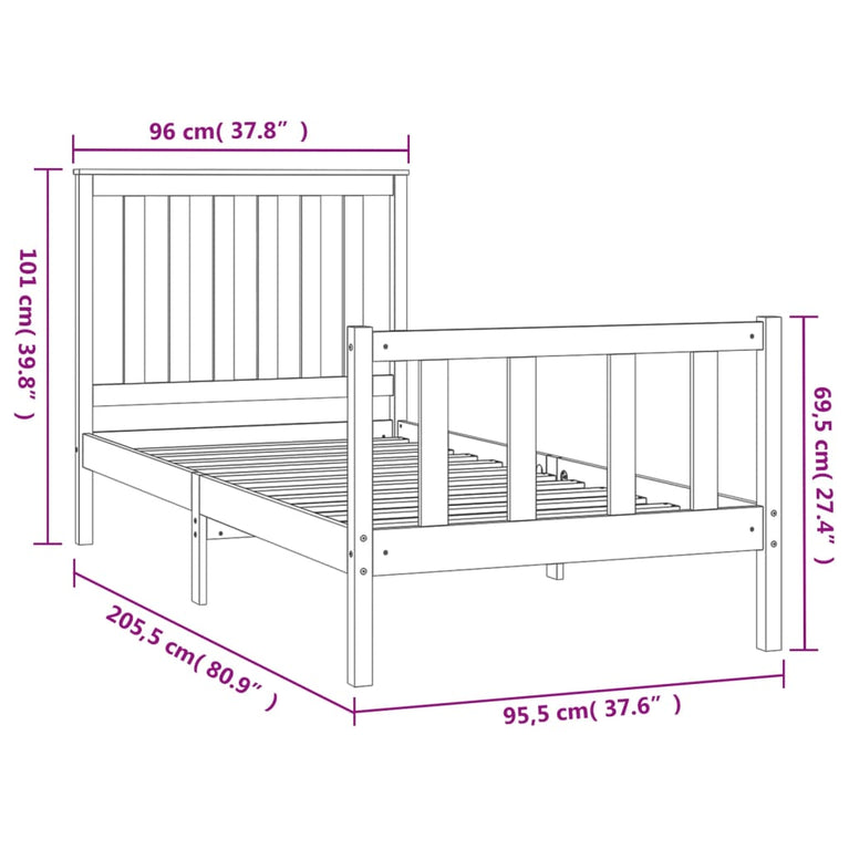 Bedframe met hoofdbord massief grenenhout 90x200 cm