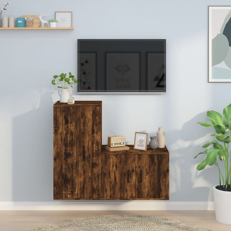 2-delige Tv-meubelset bewerkt hout gerookt eikenkleurig MeubelReus