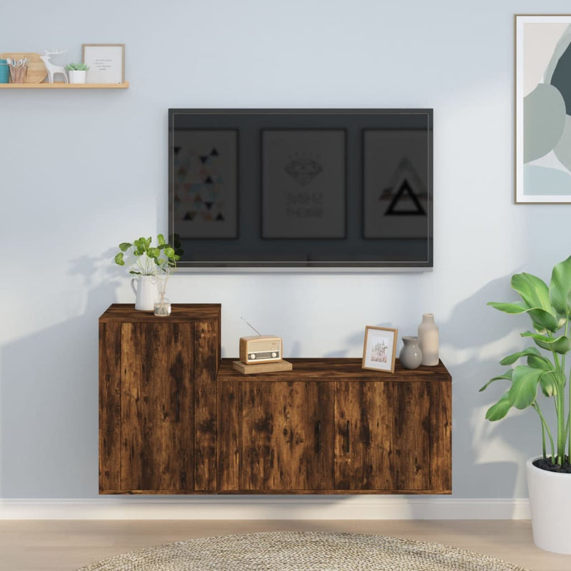 2-delige Tv-meubelset bewerkt hout gerookt eikenkleurig MeubelReus
