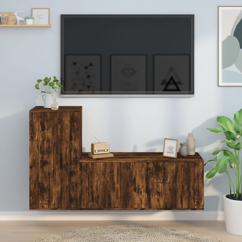 2-delige Tv-meubelset bewerkt hout gerookt eikenkleurig MeubelReus