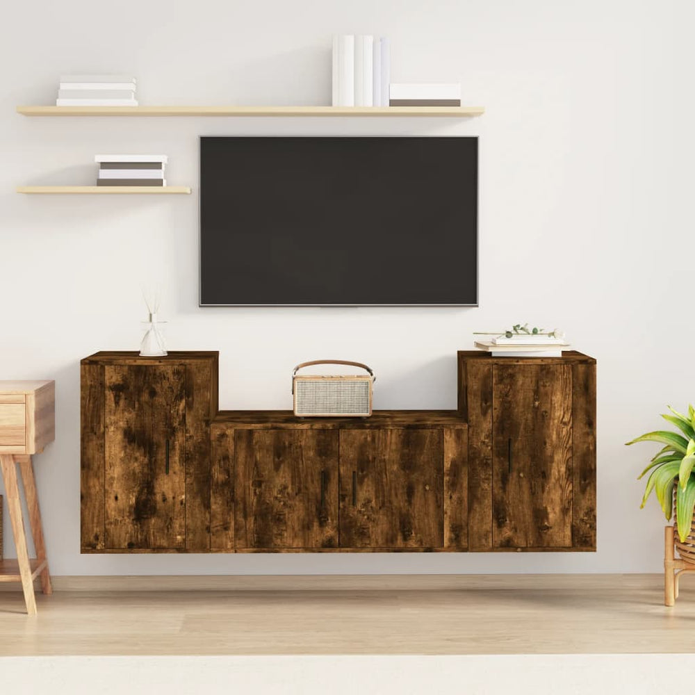3-delige Tv-meubelset bewerkt hout gerookt eikenkleurig MeubelReus