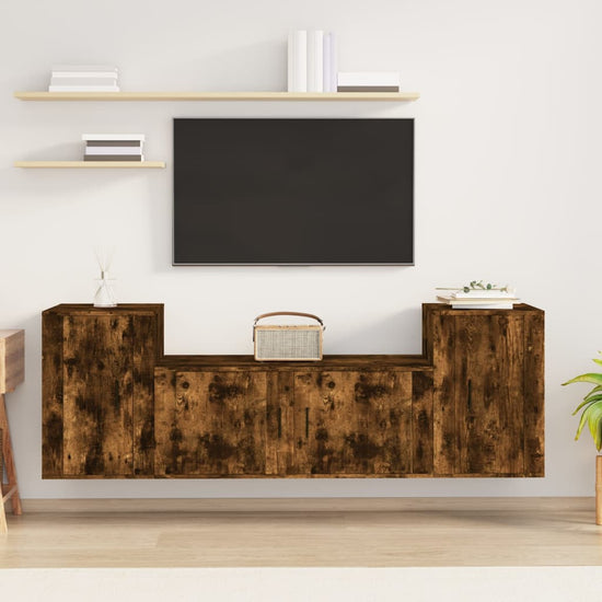3-delige Tv-meubelset bewerkt hout gerookt eikenkleurig MeubelReus