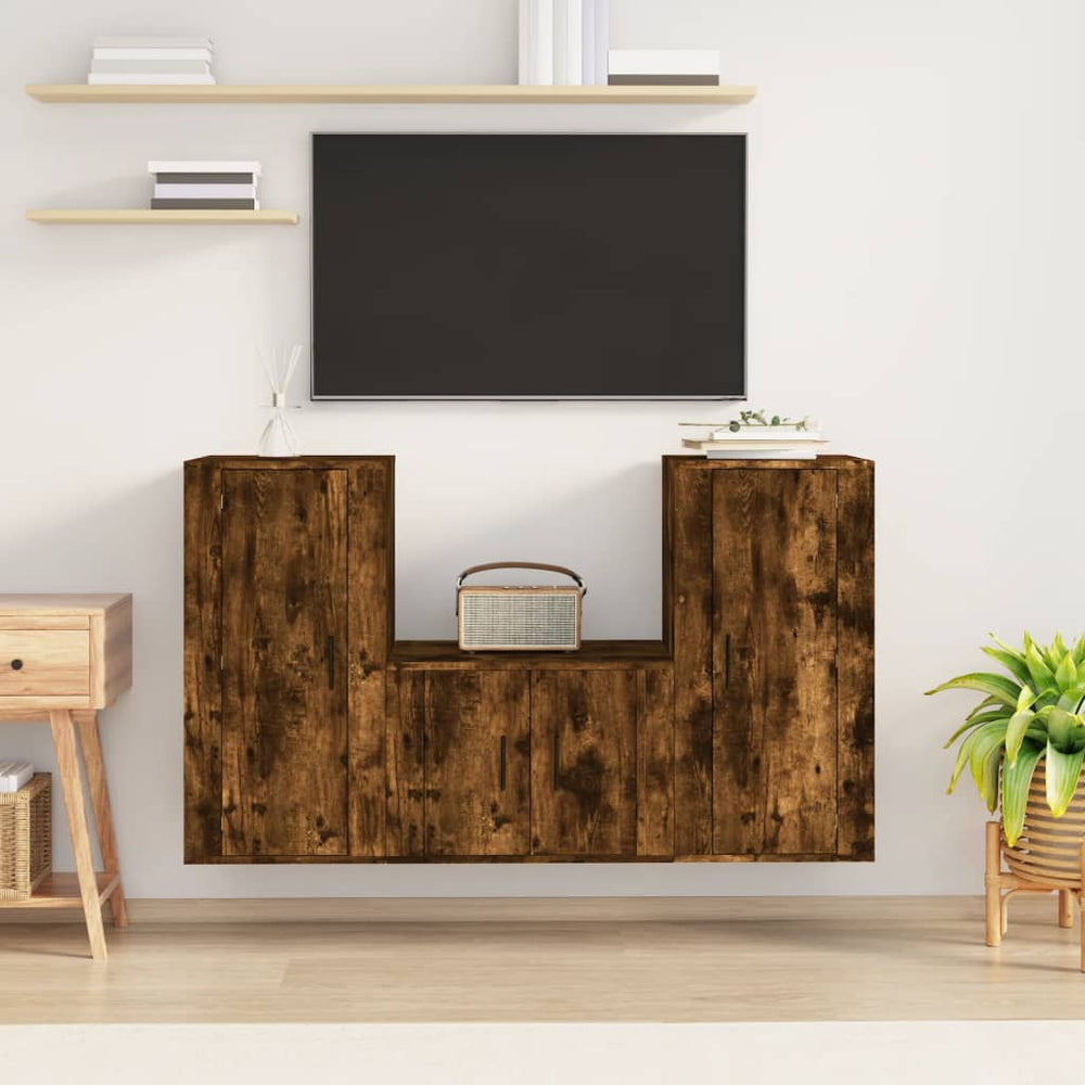 3-delige Tv-meubelset bewerkt hout gerookt eikenkleurig MeubelReus