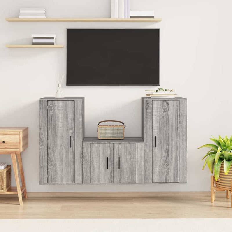 3-delige Tv-meubelset bewerkt hout grijs sonoma eikenkleurig MeubelReus
