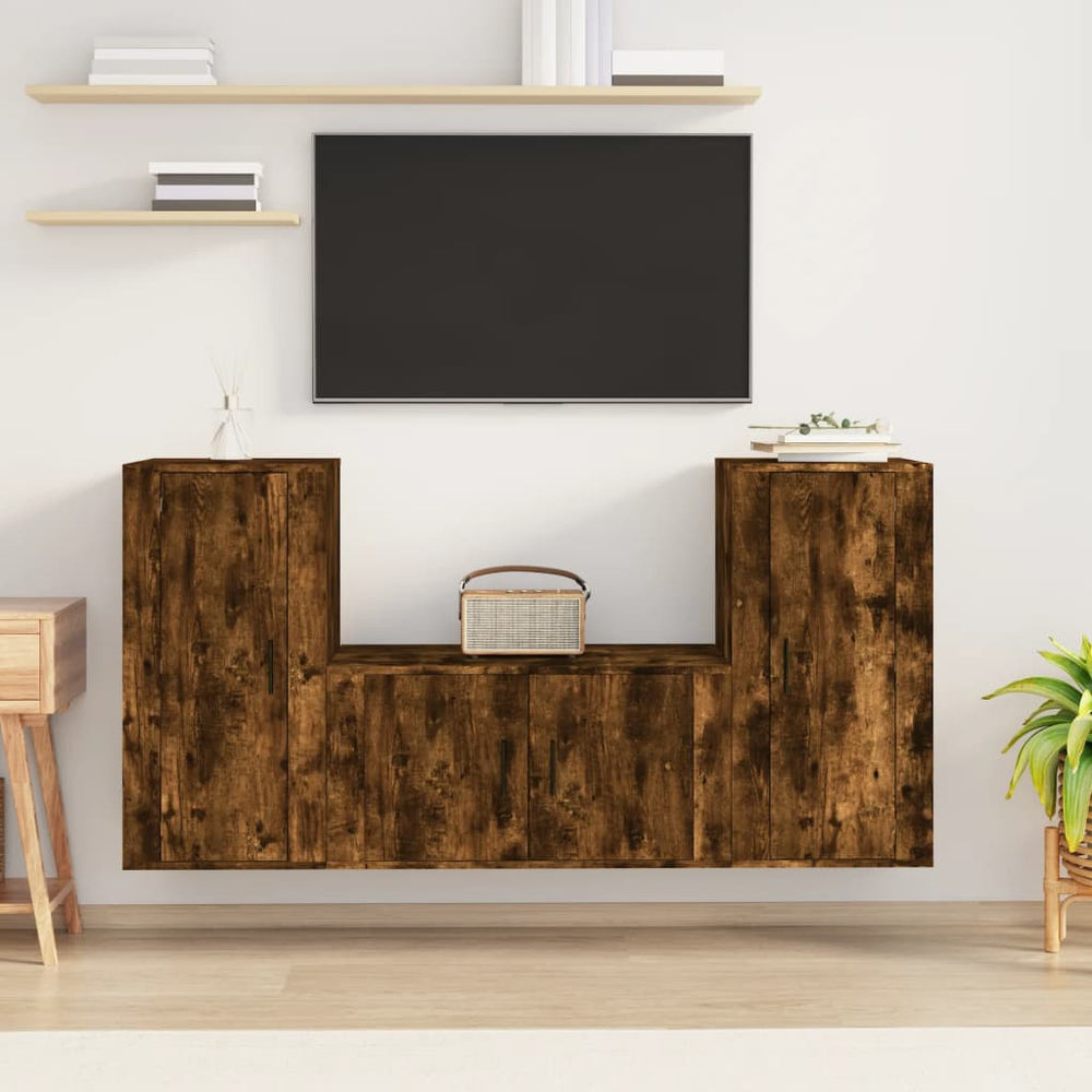 3-delige Tv-meubelset bewerkt hout gerookt eikenkleurig MeubelReus