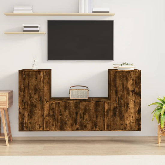 3-delige Tv-meubelset bewerkt hout gerookt eikenkleurig MeubelReus