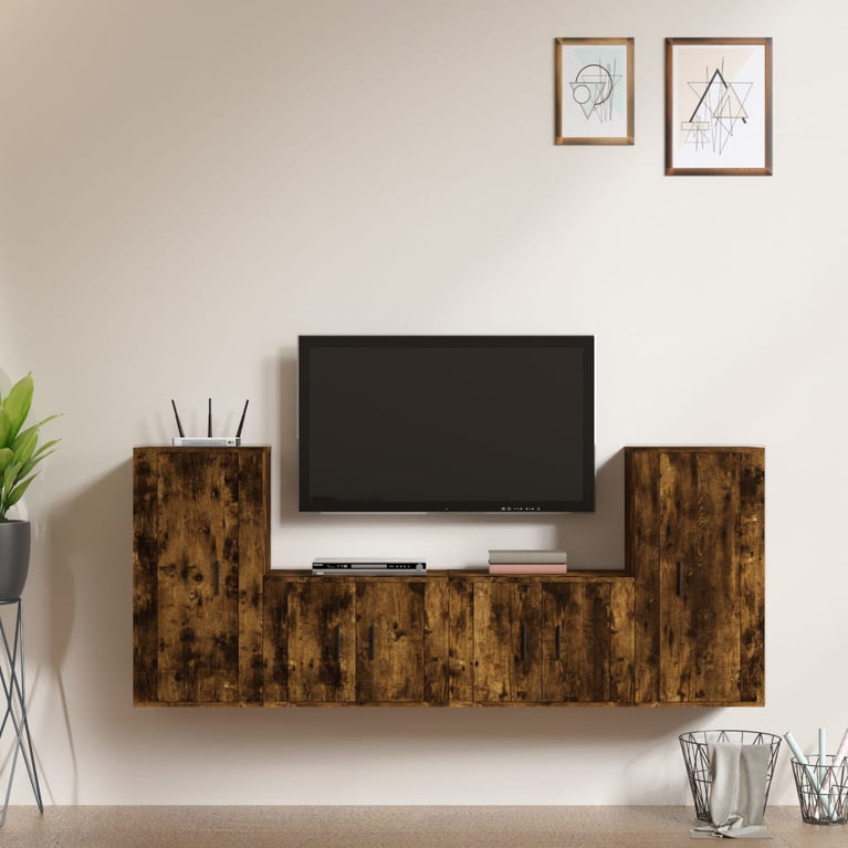4-delige Tv-meubelset bewerkt hout gerookt eikenkleurig MeubelReus