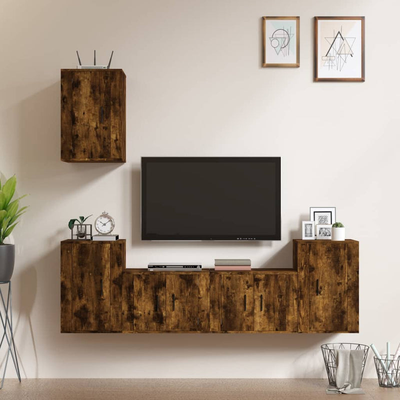 5-delige Tv-meubelset bewerkt hout gerookt eikenkleurig MeubelReus
