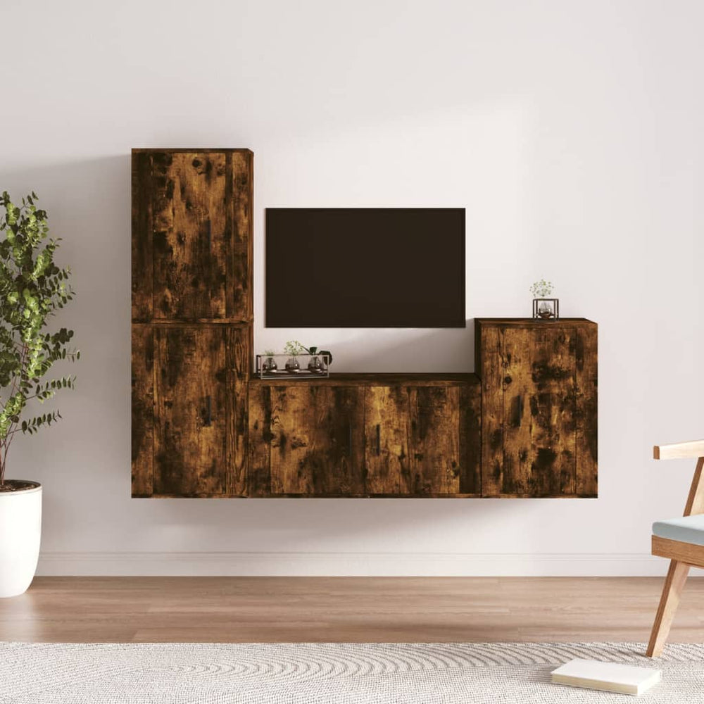 4-delige Tv-meubelset bewerkt hout gerookt eikenkleurig MeubelReus