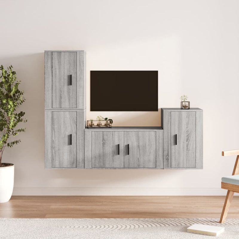 4-delige Tv-meubelset bewerkt hout grijs sonoma eikenkleurig MeubelReus