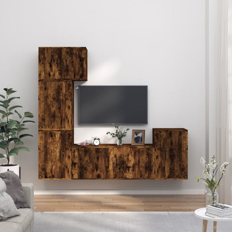 5-delige Tv-meubelset bewerkt hout gerookt eikenkleurig MeubelReus
