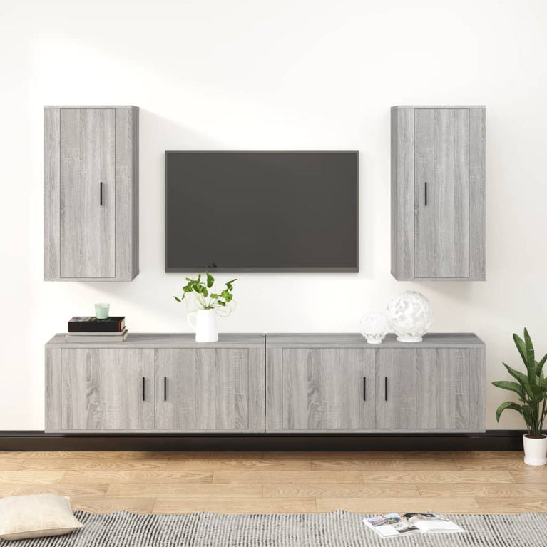 4-delige Tv-meubelset bewerkt hout grijs sonoma eikenkleurig MeubelReus