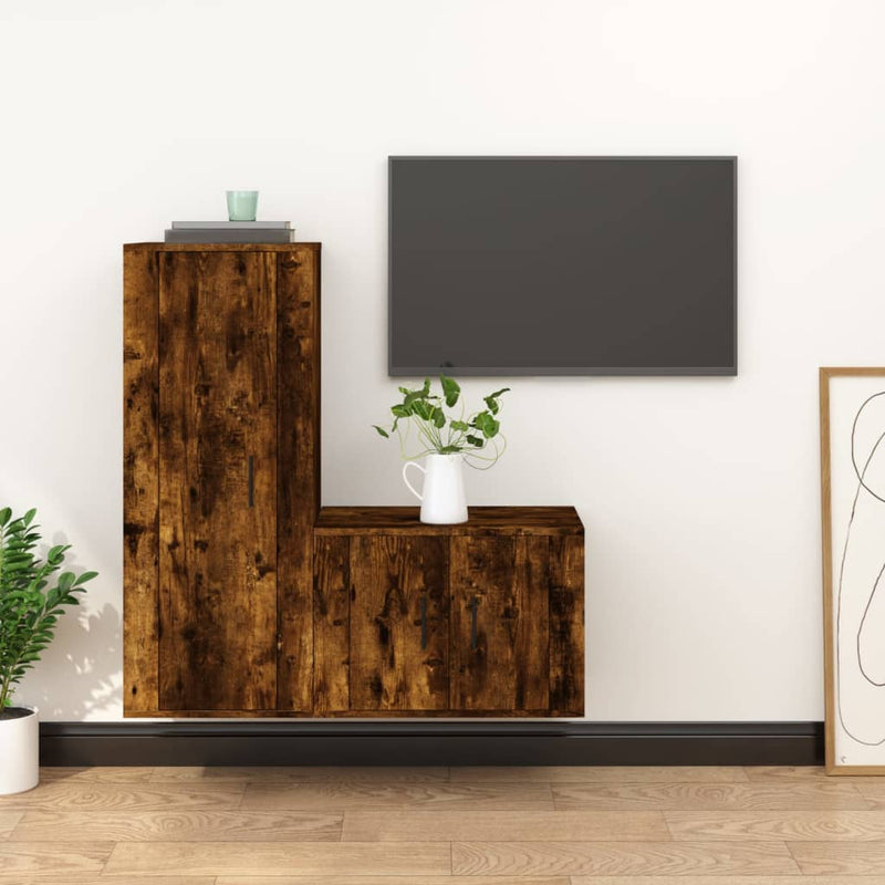 2-delige Tv-meubelset bewerkt hout gerookt eikenkleurig MeubelReus