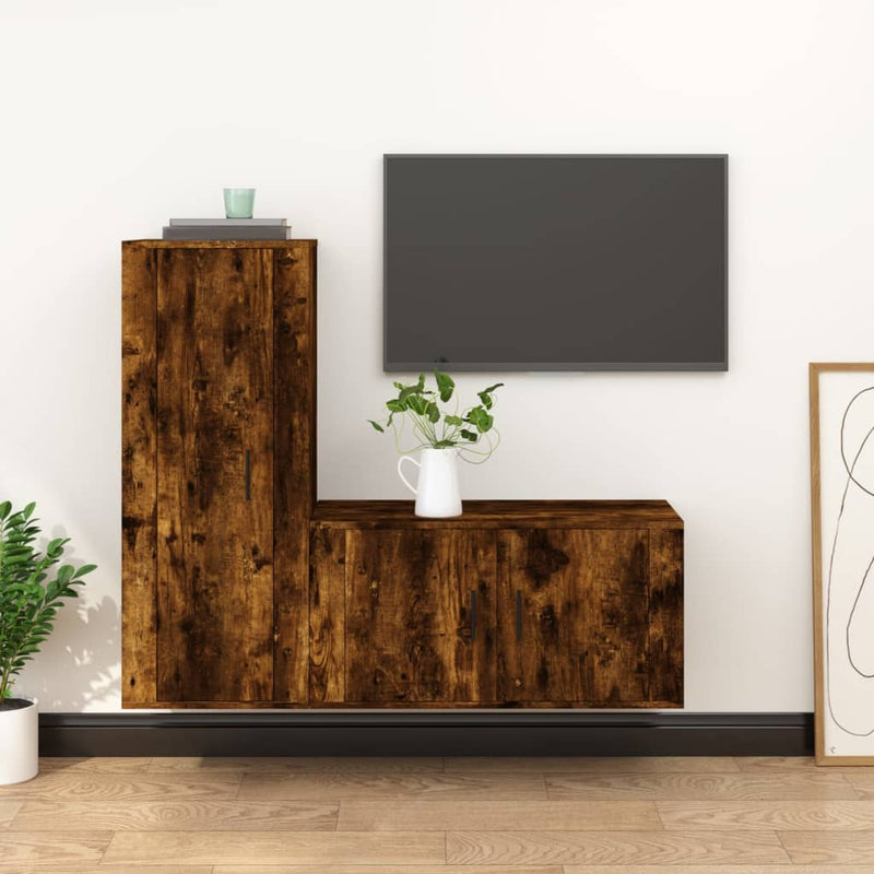 2-delige Tv-meubelset bewerkt hout gerookt eikenkleurig MeubelReus