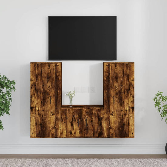 3-delige Tv-meubelset bewerkt hout gerookt eikenkleurig MeubelReus