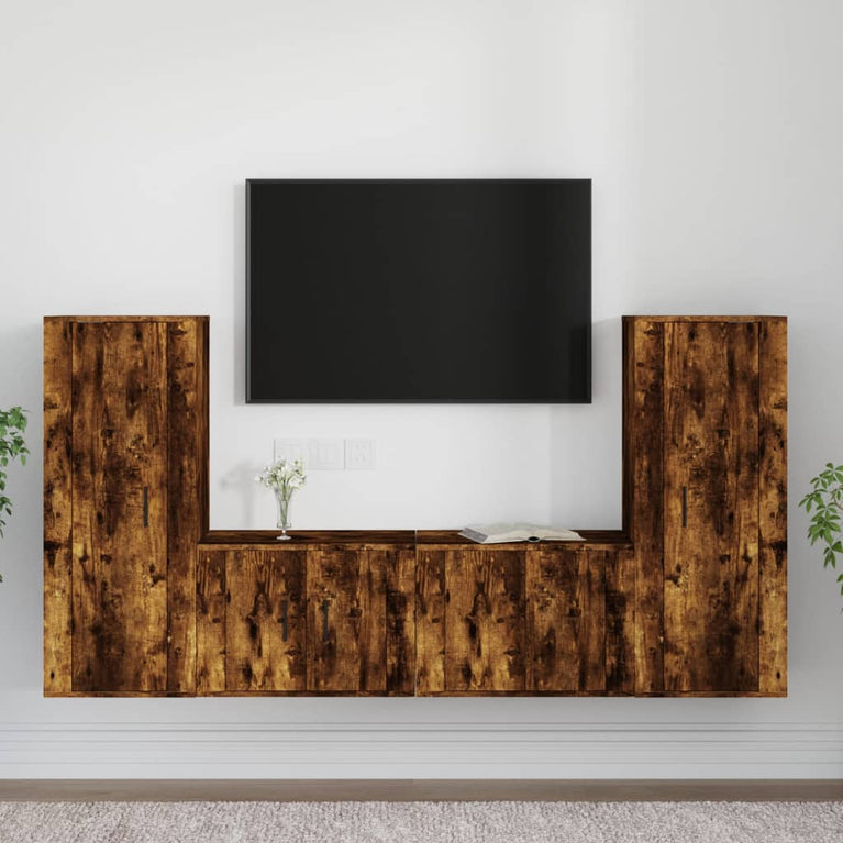 4-delige Tv-meubelset bewerkt hout gerookt eikenkleurig MeubelReus