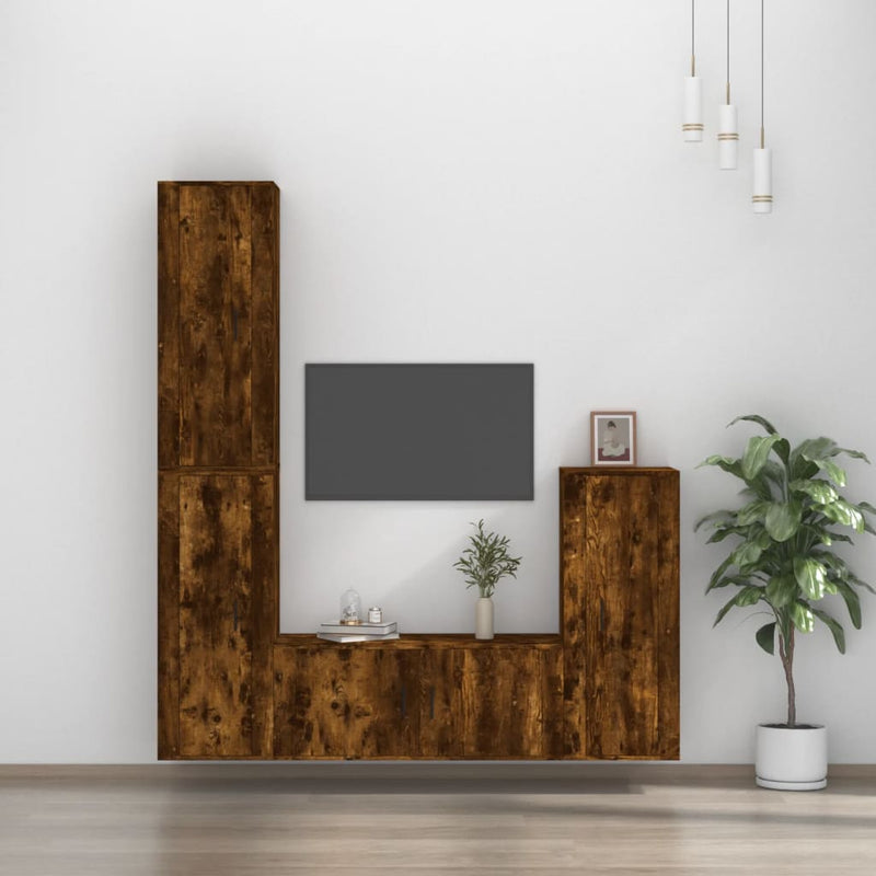 4-delige Tv-meubelset bewerkt hout gerookt eikenkleurig MeubelReus