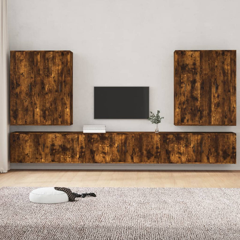 7-delige Tv-meubelset bewerkt hout gerookt eikenkleurig MeubelReus