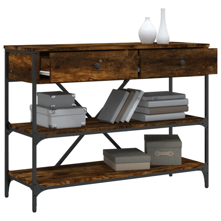 Wandtafel met lades en schappen bewerkt hout gerookt eikenkleur MeubelReus