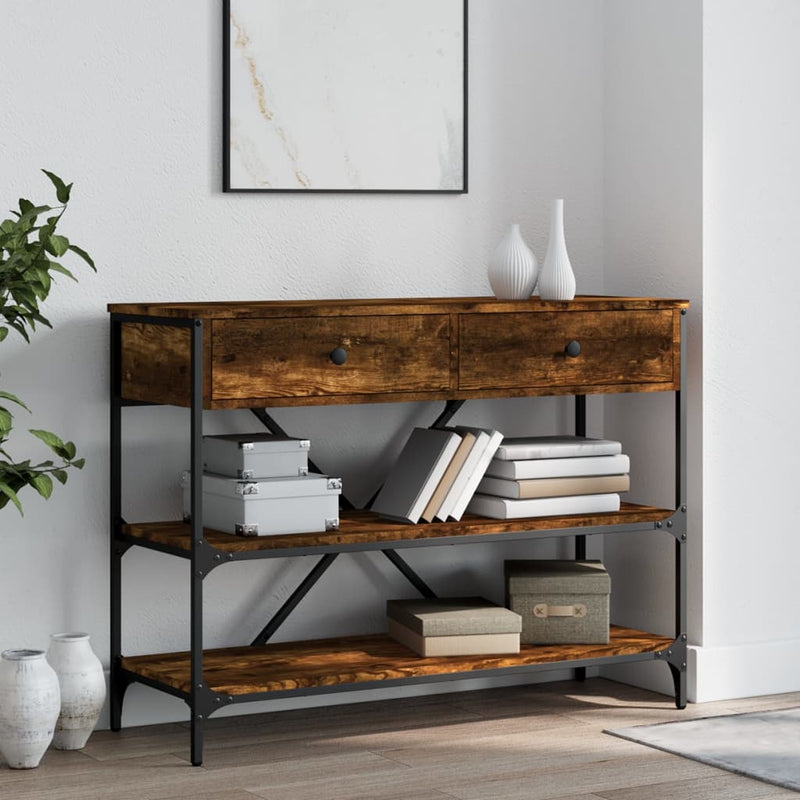 Wandtafel met lades en schappen bewerkt hout gerookt eikenkleur MeubelReus