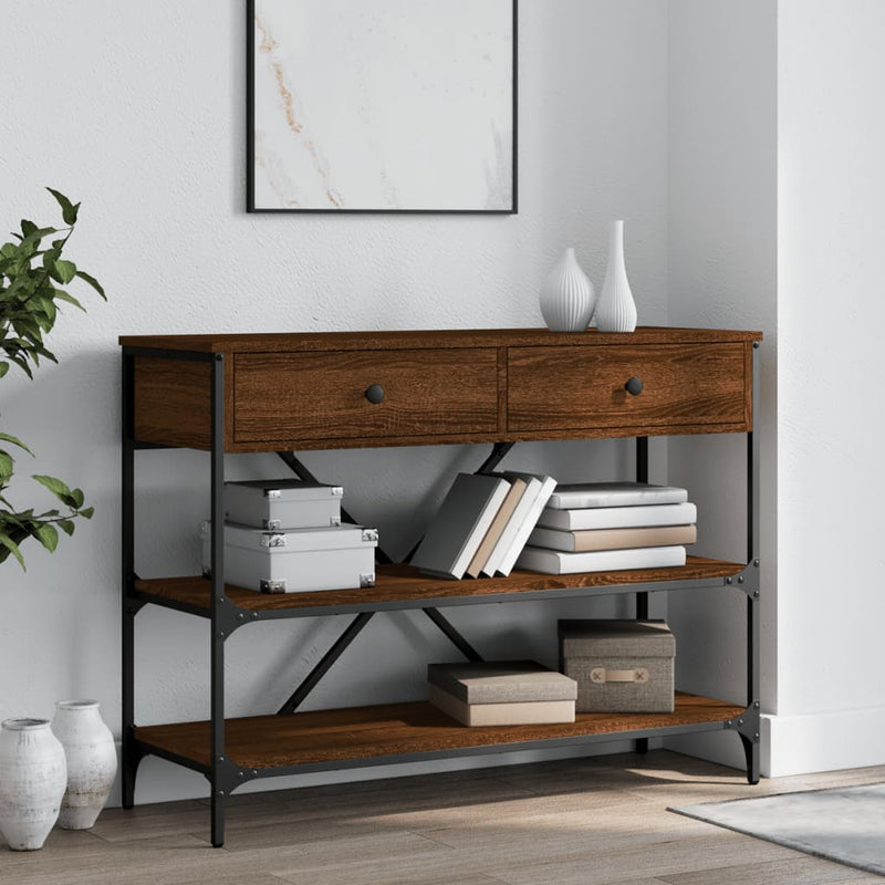 Wandtafel met lades en schappen bewerkt hout bruin eikenkleur MeubelReus