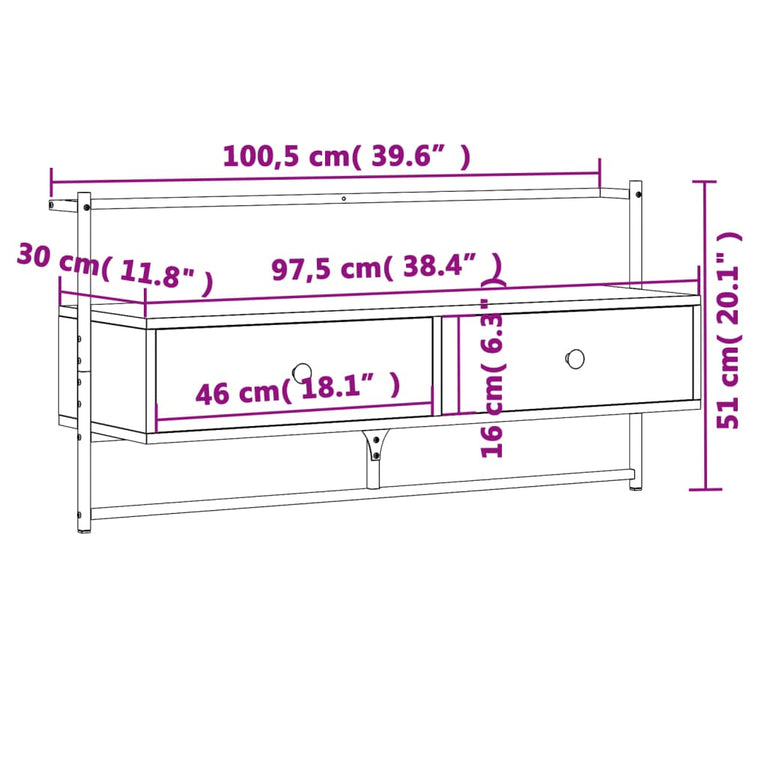 Tv-meubel wandgemonteerd 100,5x30x51 cm bewerkt hout zwart MeubelReus