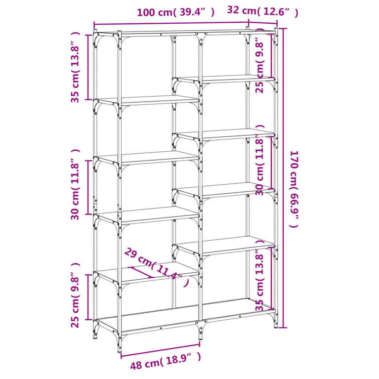 Boekenrek 100x32x170 cm bewerkt hout en ijzer grijs sonoma MeubelReus