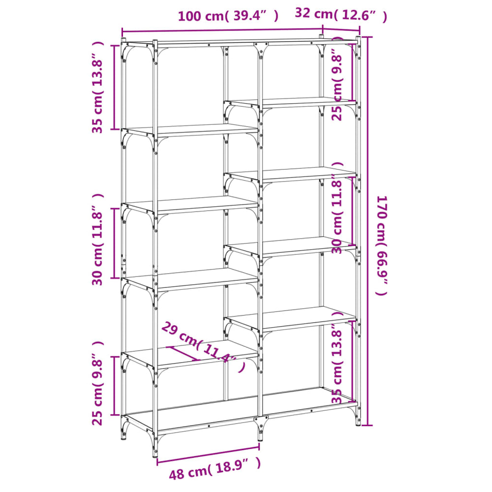 Boekenrek 100x32x170 cm bewerkt hout en ijzer bruin eikenkleur MeubelReus