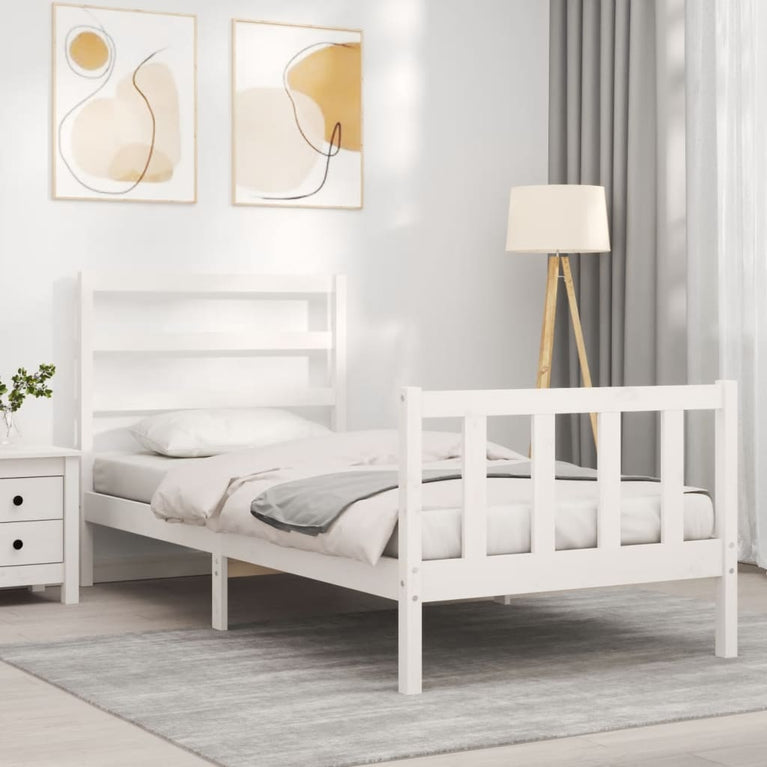 Bedframe met hoofdbord massief hout wit 90x190 cm
