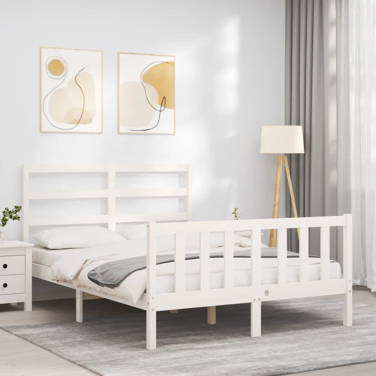 Bedframe met hoofdbord massief hout wit 140x190 cm
