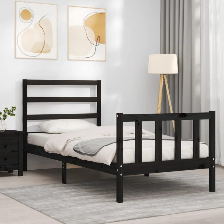 Bedframe met hoofdbord massief hout zwart 100x200 cm