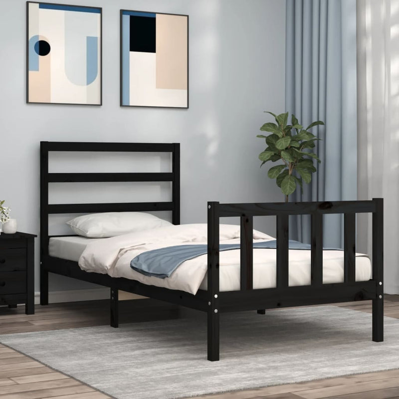Bedframe met hoofdbord massief hout zwart 100x200 cm