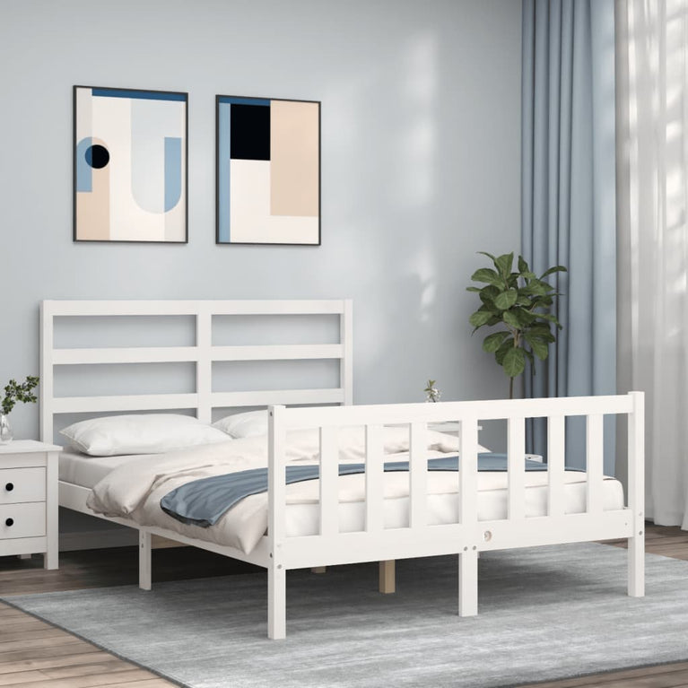 Bedframe met hoofdbord massief hout wit 140x200 cm