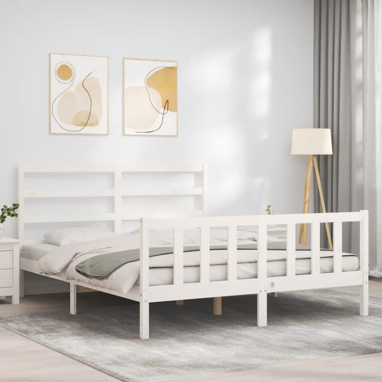 Bedframe met hoofdbord massief hout wit 160x200 cm
