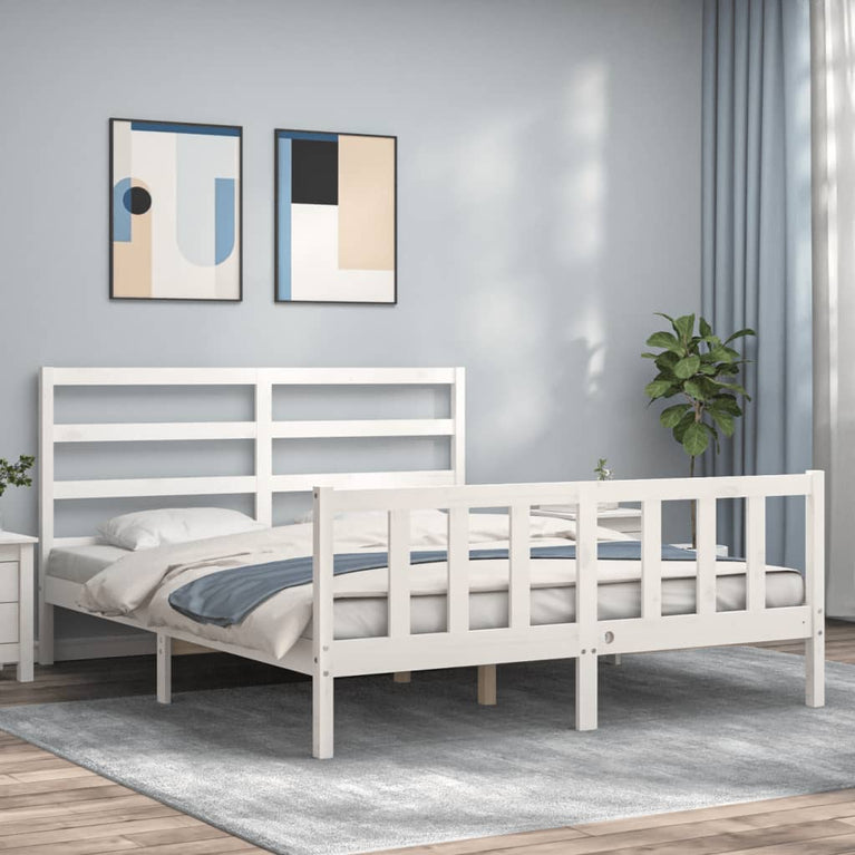 Bedframe met hoofdbord massief hout wit 160x200 cm