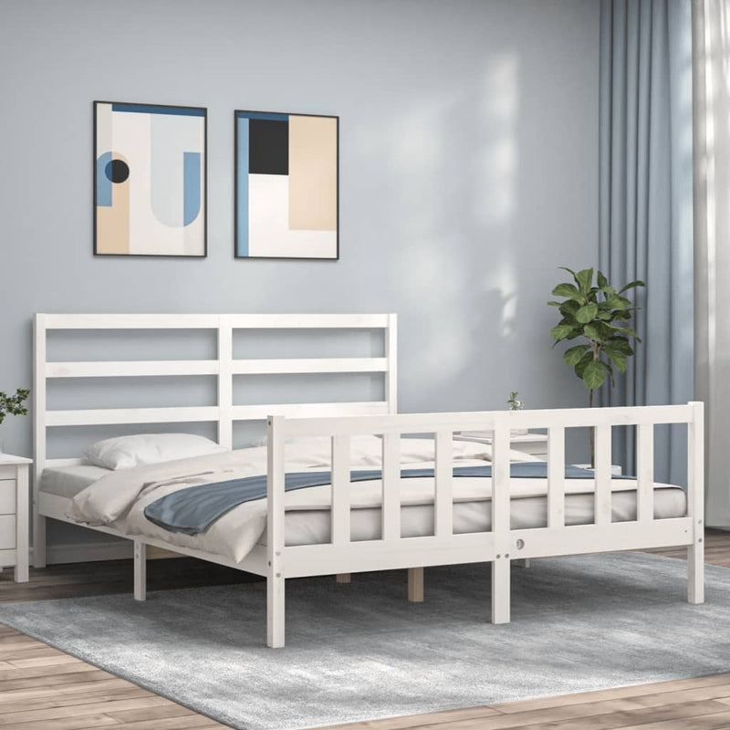 Bedframe met hoofdbord massief hout wit 160x200 cm