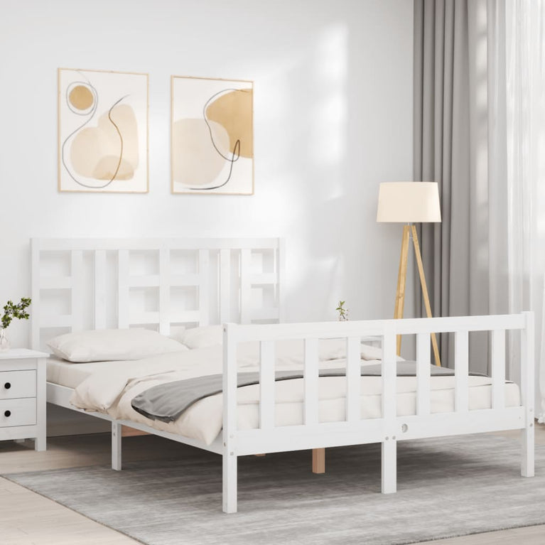 Bedframe met hoofdbord massief hout wit 140x190 cm