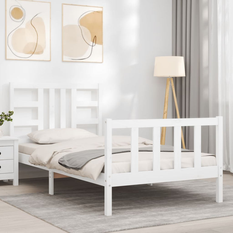 Bedframe met hoofdbord massief hout wit 90x200 cm