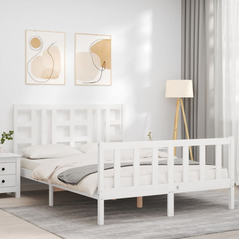 Bedframe met hoofdbord massief hout wit 160x200 cm