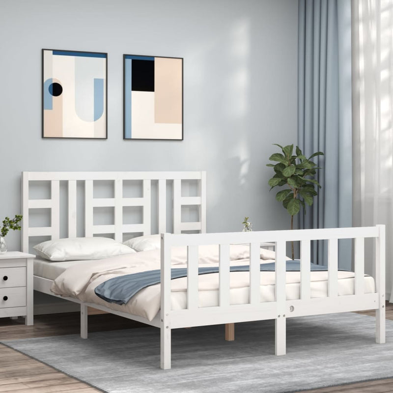 Bedframe met hoofdbord massief hout wit 160x200 cm