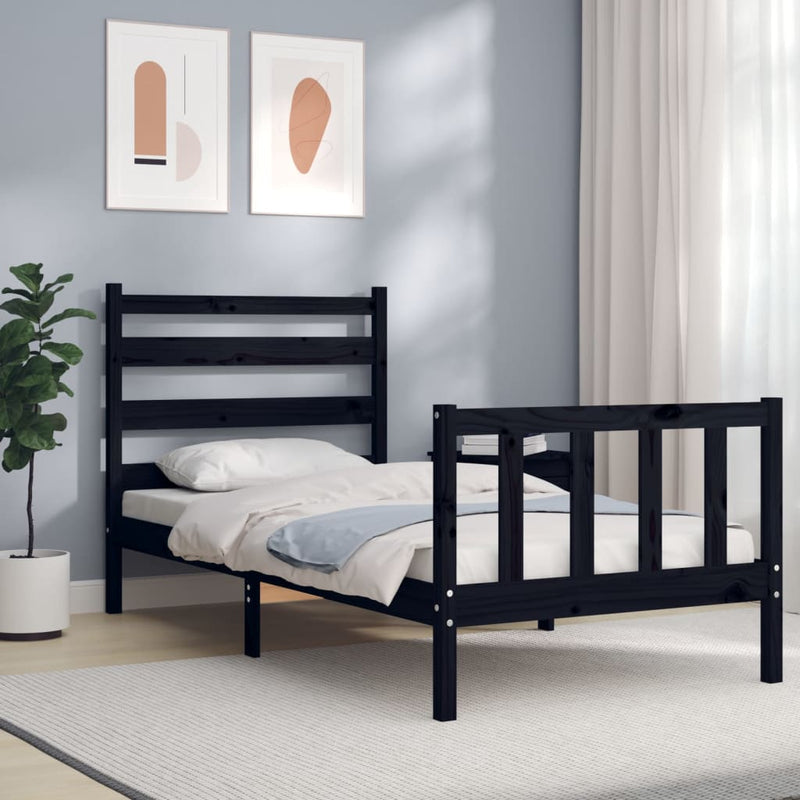 Bedframe met hoofdeinde massief hout zwart 90x190 cm